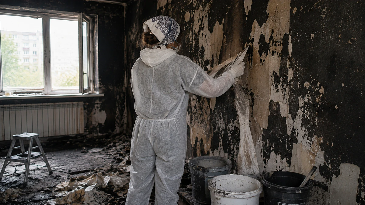 Специалист компании НОВА на объекте устраняет последствия пожара